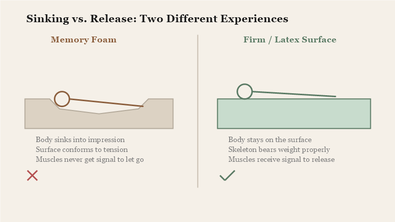 Comparison of sinking into memory foam versus releasing on a firm surface